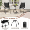 Three-piece outdoor bar stool set with black metal chairs and textured DPC tabletop, ideal for poolside relaxation.