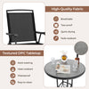 Outdoor bar stool set featuring breathable fabric chairs and a textured DPC tabletop with an umbrella hole for poolside.