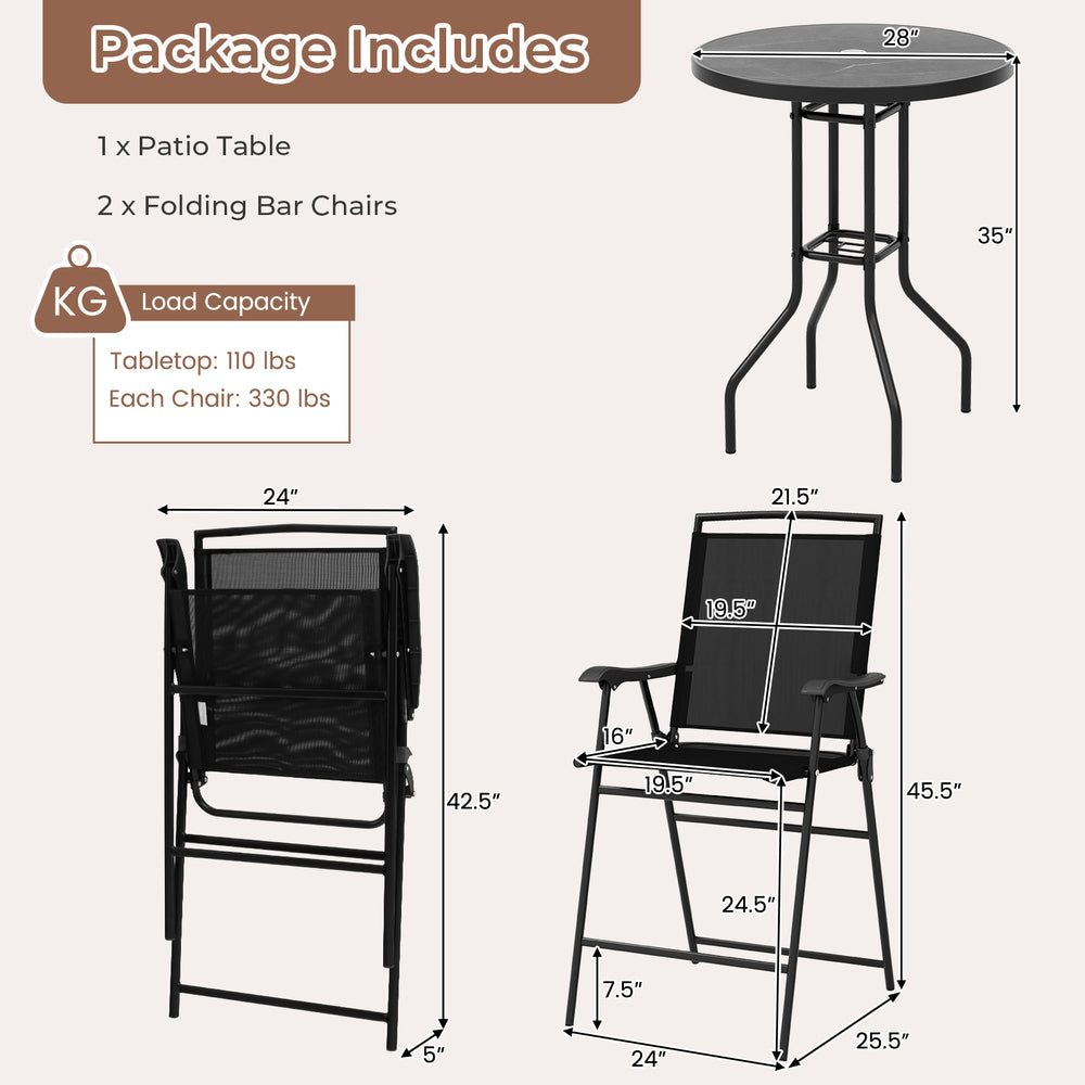 Three-piece outdoor bar stool set featuring a DPC tabletop and ergonomic chairs, ideal for poolside relaxation.
