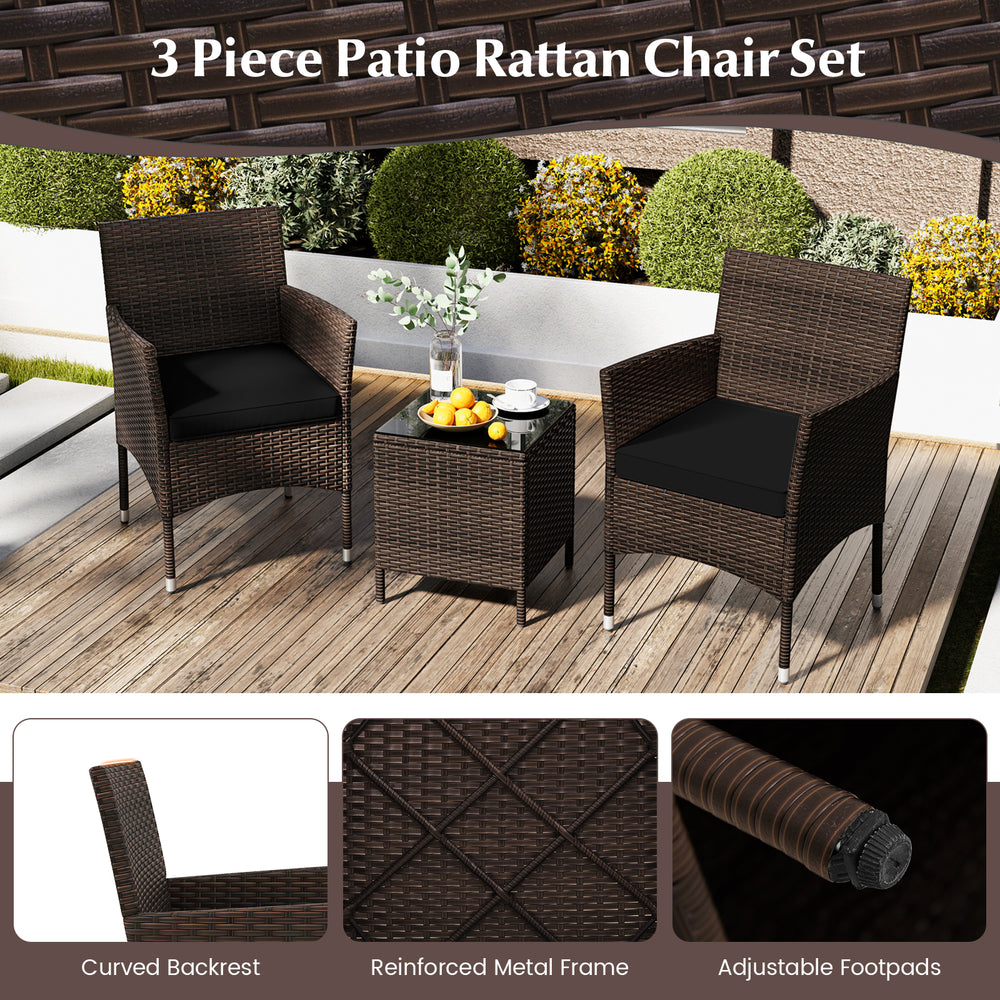 3-piece patio rattan chair set with cushioned seats and glass tabletop, perfect for outdoor relaxation and conversation.
