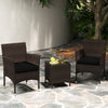 Cushioned seat detail of the outdoor chair from the 3-piece conversation set, featuring durable rattan for comfort.