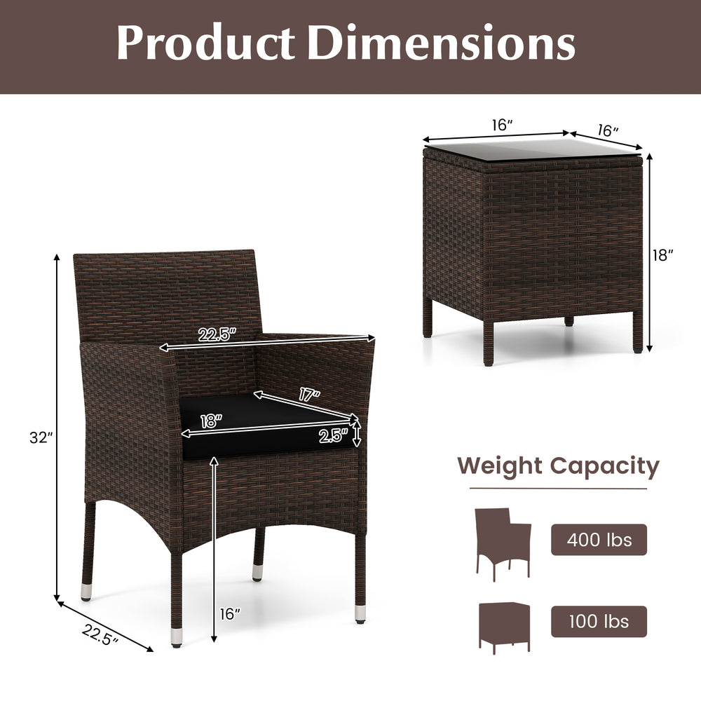Dimensions of the 3-piece outdoor conversation set with cushioned seat and glass tabletop, featuring a durable rattan.
