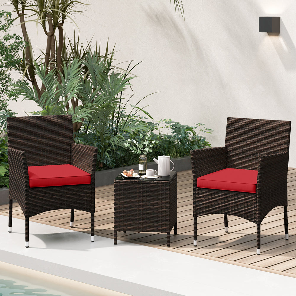 3 Pieces Outdoor Conversation Set with Cushioned Seat and Glass Tabletop-Red - Gallery View 1 of 10
