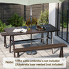 Outdoor picnic table and benches set for 6 people, featuring a sturdy triangular structure and adjustable fixing hole.