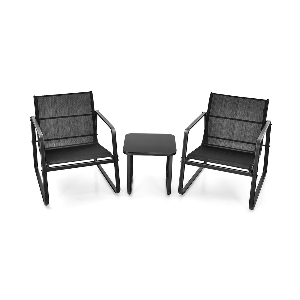 Black patio bistro chair showcasing ergonomic design and breathable fabric, ideal for comfortable outdoor seating.