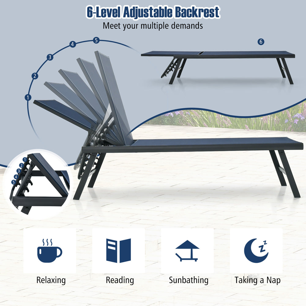 Adjustable backrest chaise lounge chair set in navy, perfect for relaxing, sunbathing, or reading by the poolside.