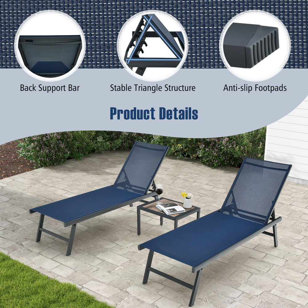 Navy chaise lounge chair with lightweight aluminum frame and anti-slip footpads, ideal for stable outdoor use.