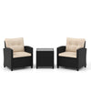 Two off-white cushioned patio chairs with a tempered glass coffee table, perfect for outdoor relaxation.