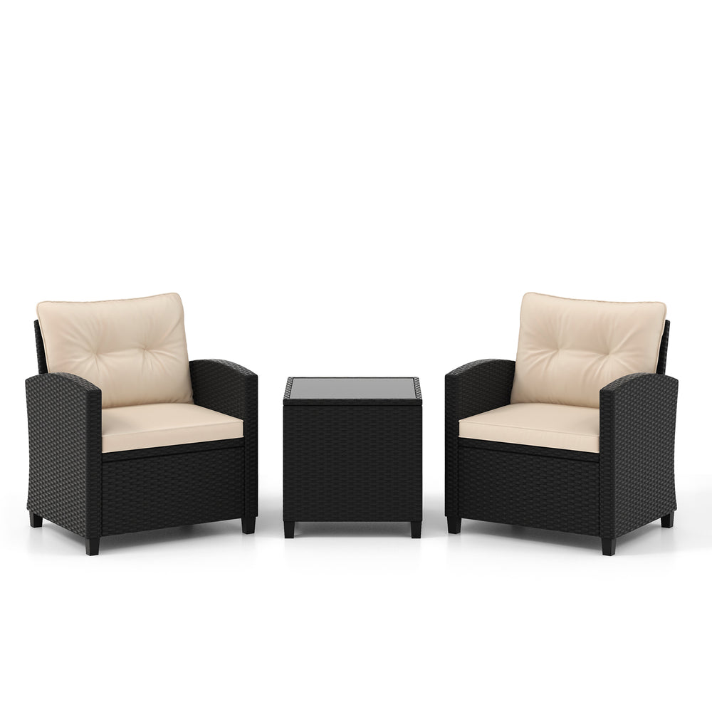 Two off-white cushioned patio chairs with a tempered glass coffee table, perfect for outdoor relaxation.
