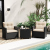 Two off-white cushioned patio chairs with a tempered glass coffee table, ideal for outdoor relaxation by the poolside.