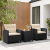 Two comfortable patio chairs with off-white cushions and a tempered glass coffee table, perfect for outdoor relaxation.