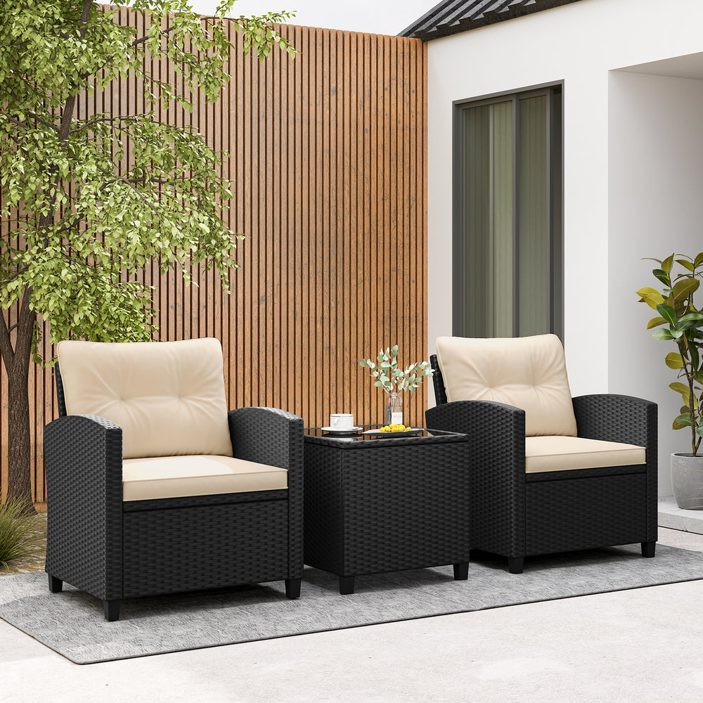 Two comfortable patio chairs with off-white cushions and a tempered glass coffee table, perfect for outdoor relaxation.