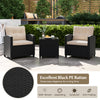 Two chairs and a coffee table from the 3 Pieces Patio Furniture Set in black PE rattan, ideal for outdoor relaxation.