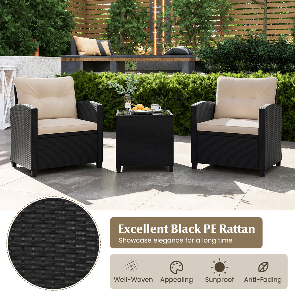 Two chairs and a coffee table from the 3 Pieces Patio Furniture Set in black PE rattan, ideal for outdoor relaxation.