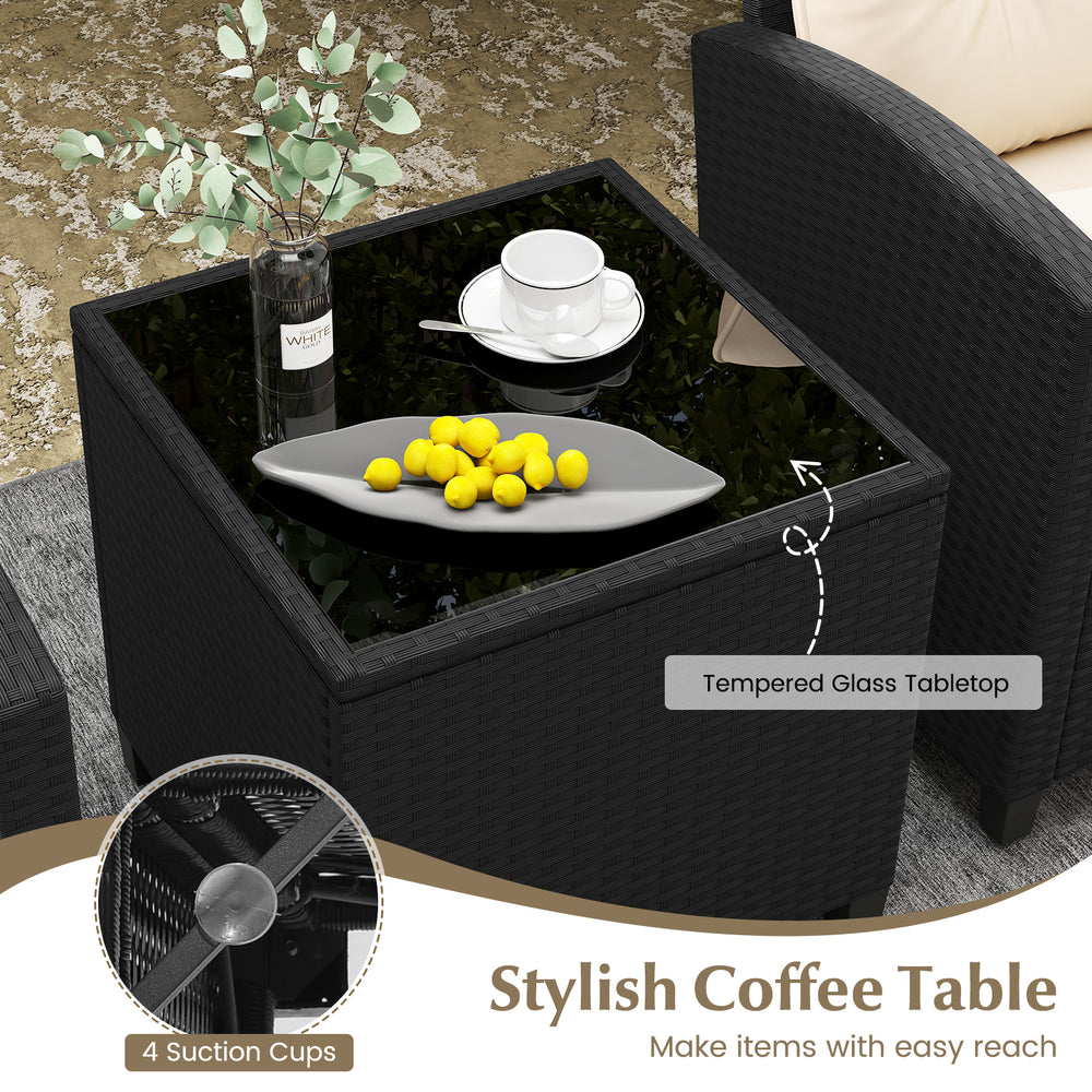 Tempered glass tabletop coffee table with PE rattan frame, ideal for outdoor relaxation and easy access to items.
