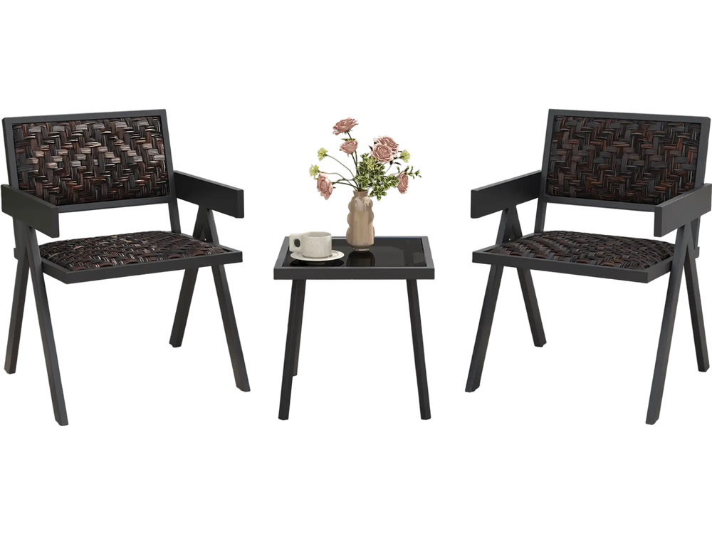 Two black patio chairs with PE wicker and a glass tabletop, perfect for outdoor relaxation on a balcony or porch.