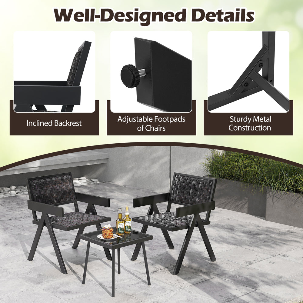 3-piece patio bistro set featuring durable PE wicker chairs with adjustable footpads and a tempered glass tabletop for.