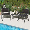 Two black patio chairs with quick-drying foam and a glass table, perfect for outdoor relaxation by the pool.