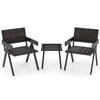 Two black patio chairs with woven PE wicker and a tempered glass table, perfect for outdoor relaxation.