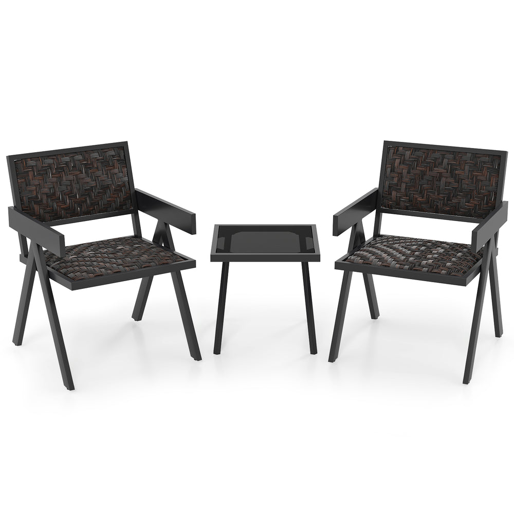 Two black patio chairs with woven PE wicker and a tempered glass table, perfect for outdoor relaxation.