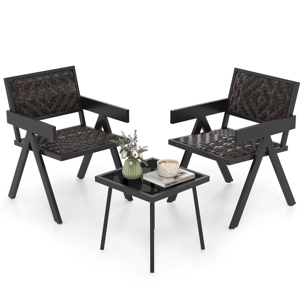 Close-up of the woven PE wicker texture on a black patio chair from the 3 Pieces Bistro Set, designed for outdoor.