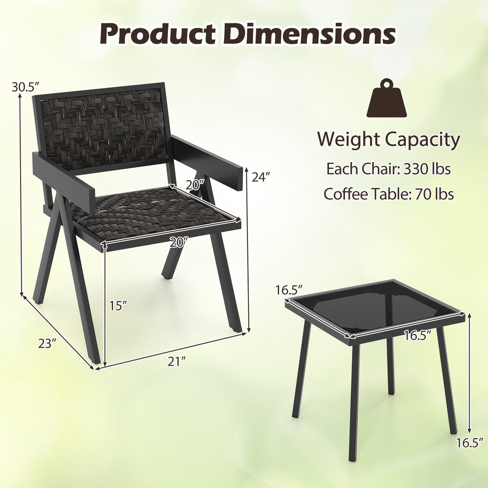 Dimensions of the 3 Pieces Patio PE Wicker Bistro Set with quick-drying foam, featuring a sturdy metal frame and glass.