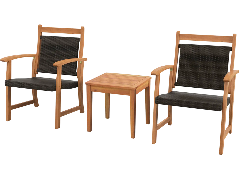 3 Pieces Rattan Bistro Set with Acacia Wood Frame for Garden