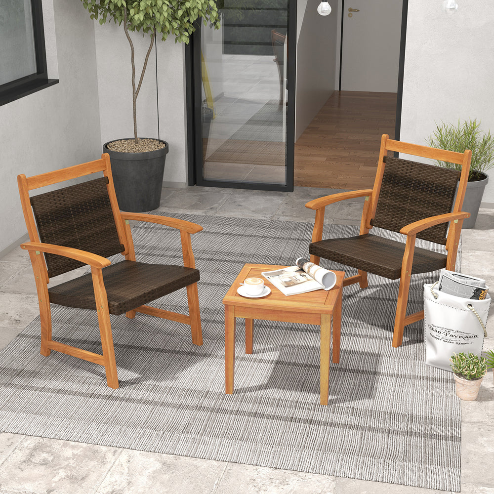 Two acacia wood chairs and a side table in a rustic design, perfect for outdoor garden relaxation.