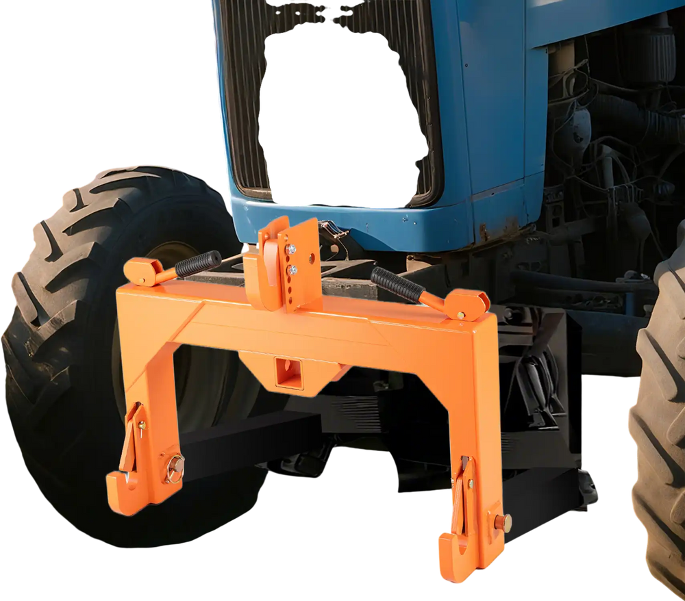 3-Point Quick Hitch in orange with adjustable top hook, designed for Category 1 tractors and 3000 lbs towing capacity.