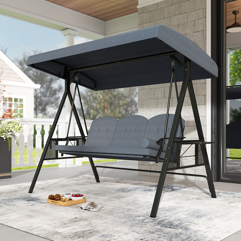 3-seat patio swing chair with adjustable canopy, thick cushions, and foldable side trays for outdoor relaxation.