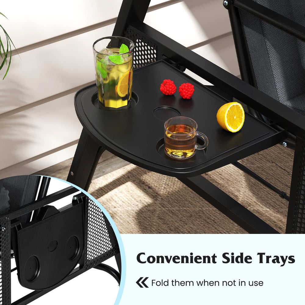 Convenient foldable side trays on the 3-seat patio swing chair in grey, perfect for drinks and snacks outdoors.