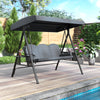 Grey 3-seat patio swing chair with a heavy-duty metal stand and thick cushions, ideal for garden and poolside enjoyment.