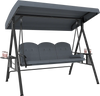 Three-seat patio swing chair in grey with adjustable canopy, thick cushions, and foldable side trays for outdoor.