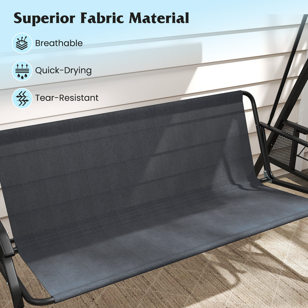 Breathable grey fabric of the 3-seat patio swing chair, showcasing quick-drying material for outdoor comfort.