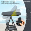 Adjustable 60° canopy on a grey 3-seat patio swing chair with thick cushions and foldable side trays for outdoor.