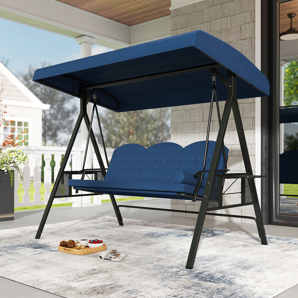 3-Seat Patio Swing Chair Porch Swing with Adjustable Canopy Thickened Cushions Pillow and Foldable Side Trays-Navy - Gallery View 1 of 10