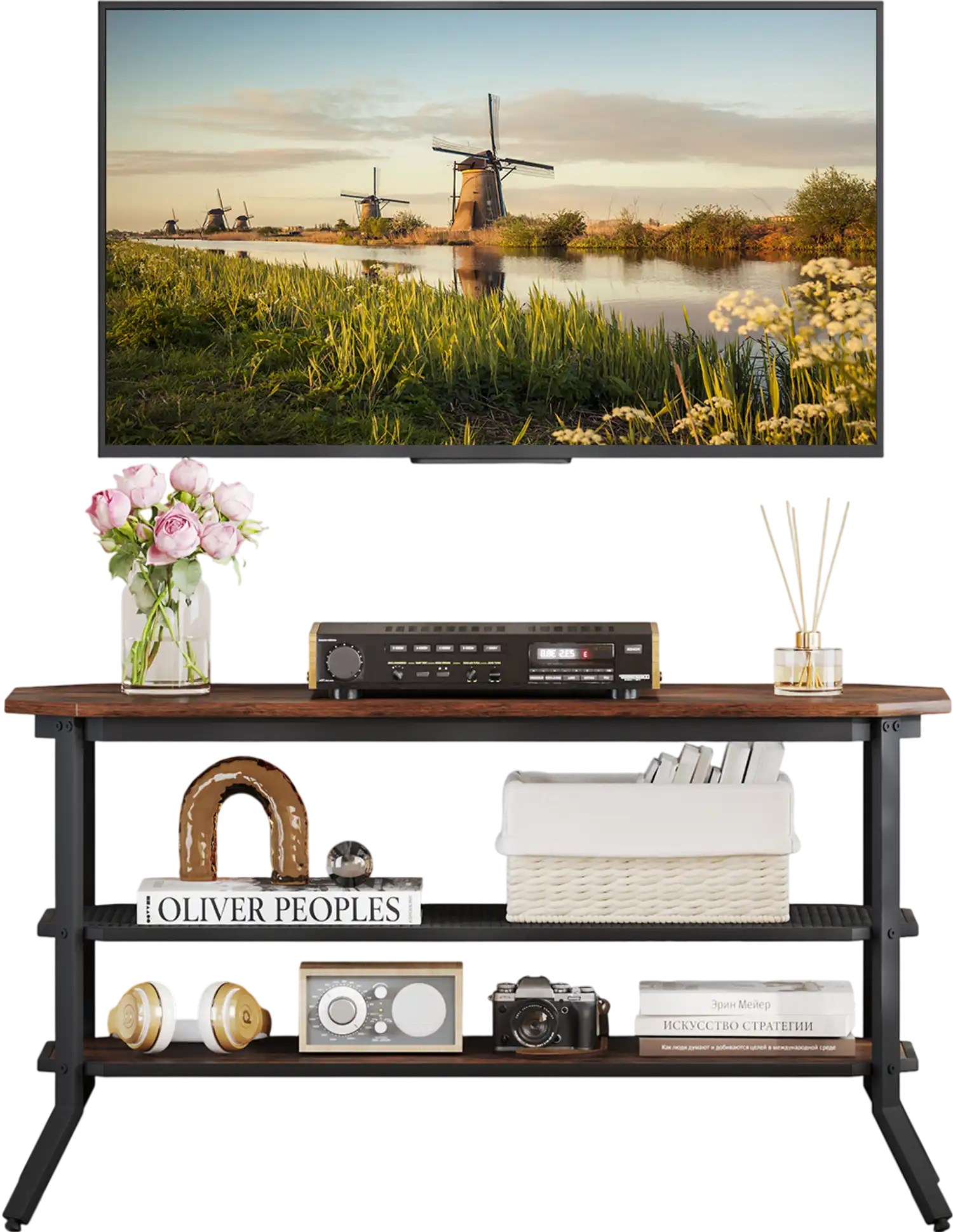 Costway 3-Tier TV Stand Console Table w/ Mesh Storage Shelf Rustic Brown 96401872 New