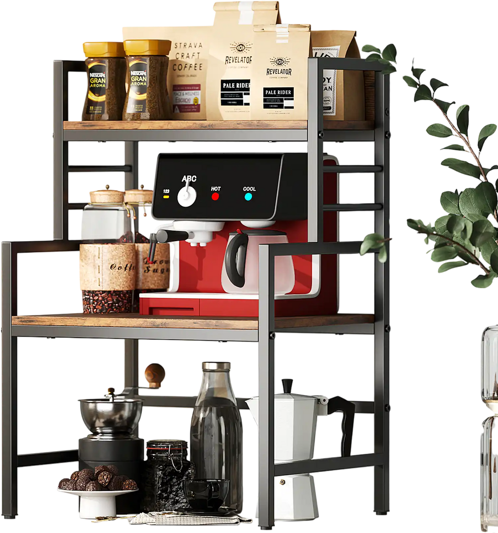 3-tier microwave stand in rustic brown with heavy-duty metal frame, perfect for kitchen appliances and spice jars.