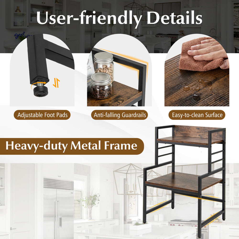 3-tier microwave stand with heavy-duty metal frame in rustic brown, featuring adjustable foot pads and anti-falling.