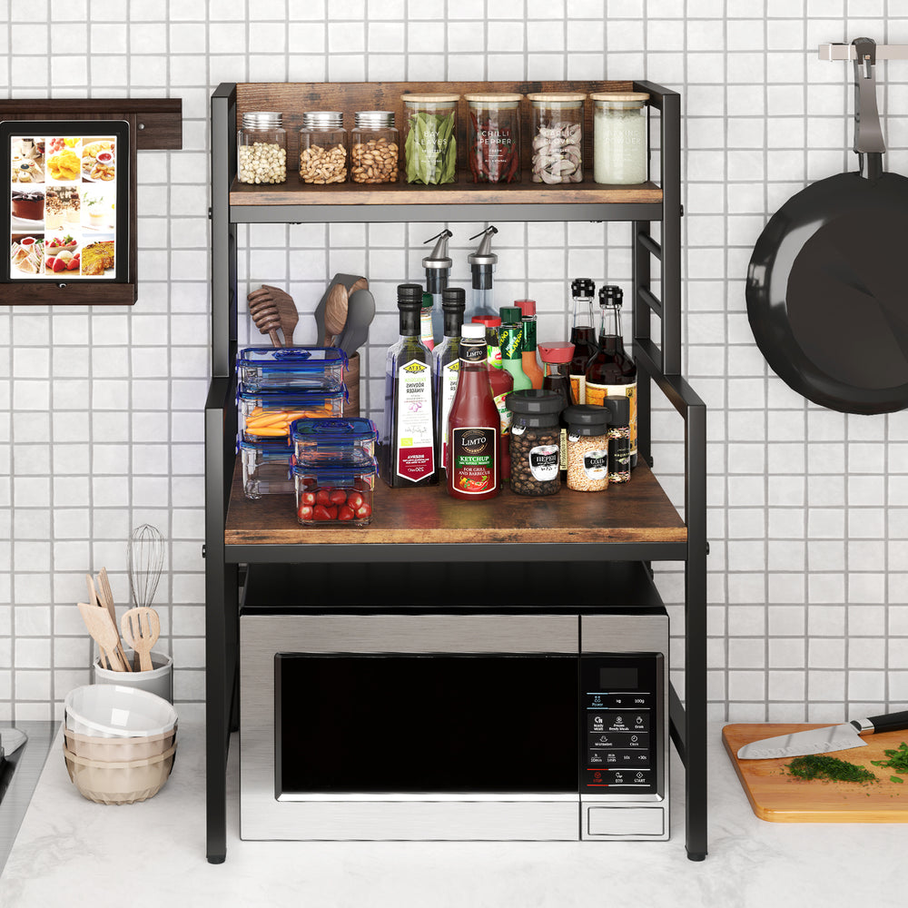 3-tier microwave stand in rustic brown with heavy-duty metal frame, featuring open shelves for kitchen storage and.