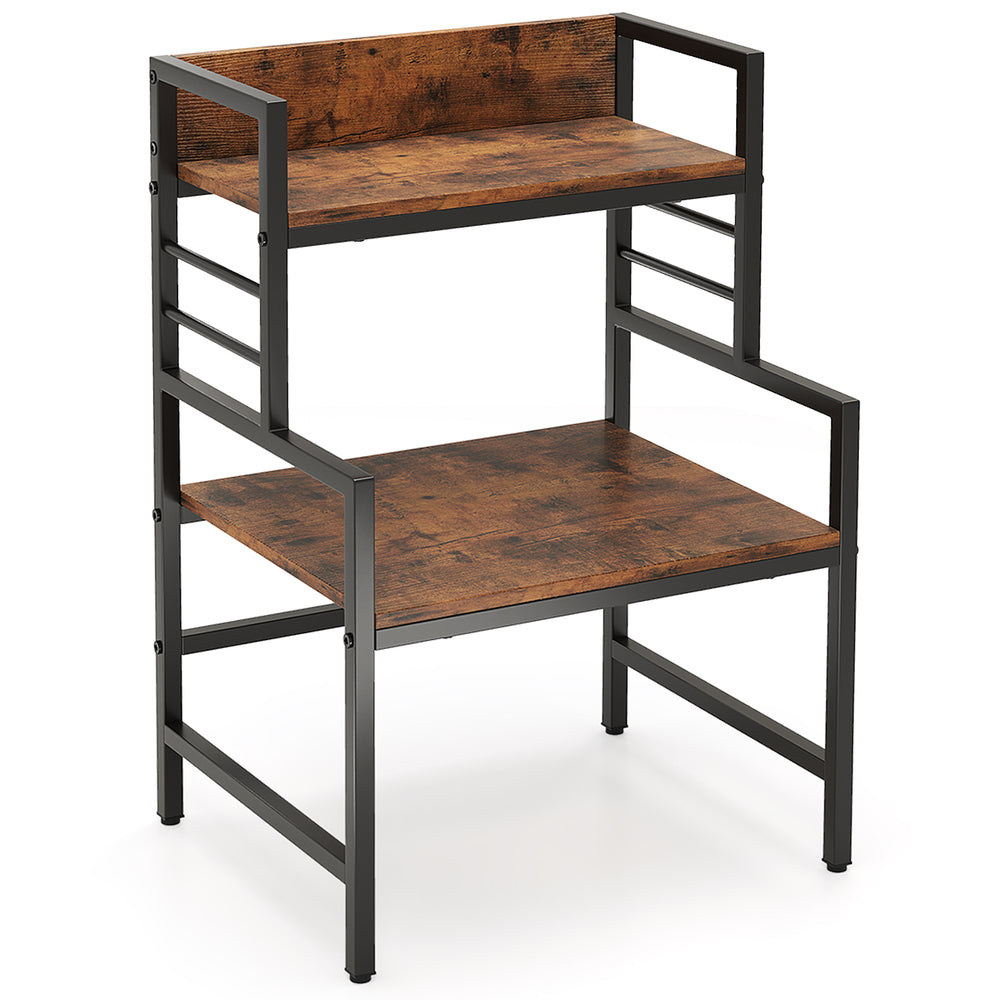 3-tier microwave stand with rustic brown shelves and heavy-duty metal frame, ideal for kitchen storage and organization.