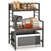 3-tier microwave stand in rustic brown with heavy-duty metal frame, ideal for kitchen appliances and spice jars.