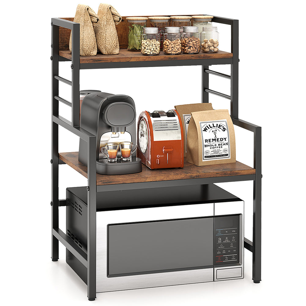3-tier microwave stand in rustic brown with heavy-duty metal frame, ideal for kitchen appliances and spice jars.