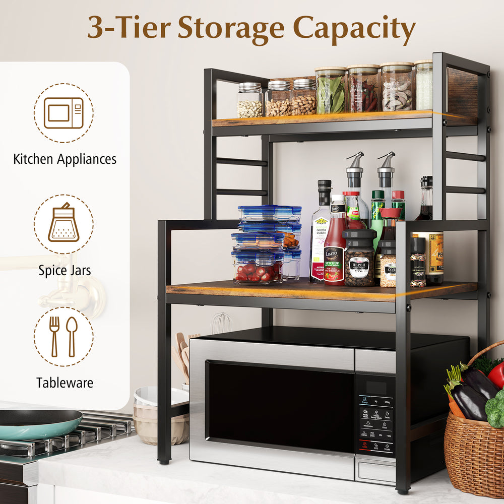 3-tier microwave stand with rustic brown shelves and metal frame, showcasing spice jars and tableware for organized.