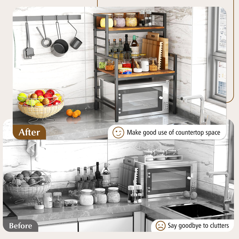 3-tier microwave stand in rustic brown with heavy-duty metal frame, optimizing countertop space for kitchen.
