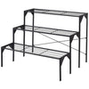 Three-tier black metal plant stand with sturdy design, ideal for displaying potted plants and decorative items outdoors.