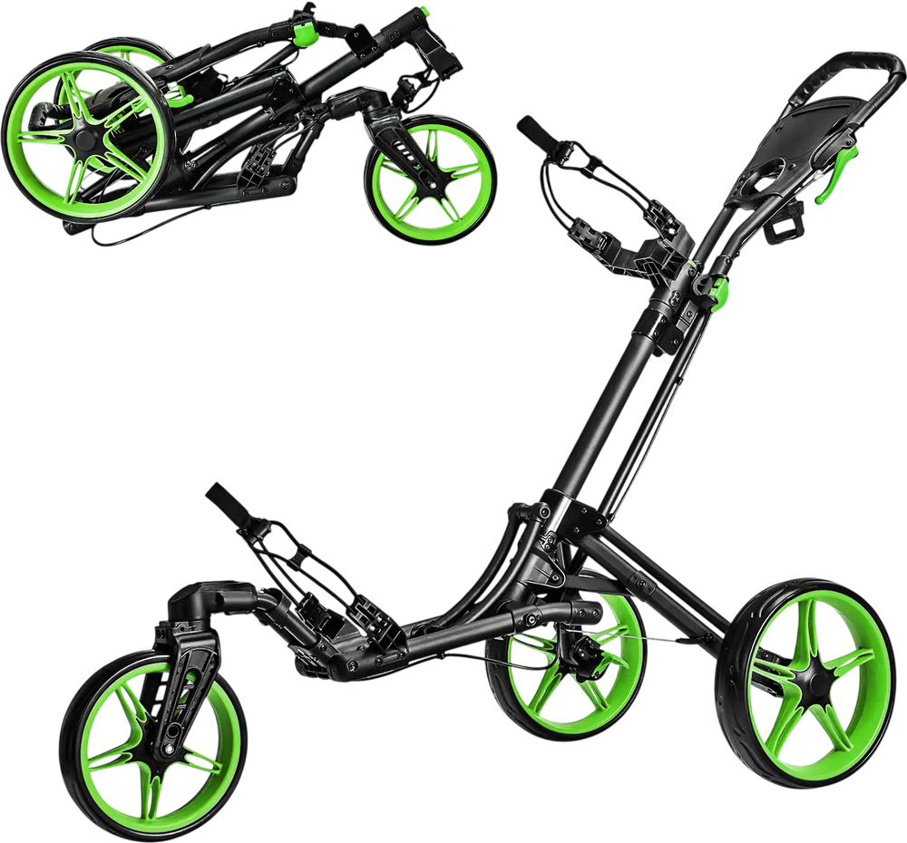 Folding golf push cart with lightweight aluminum frame and ergonomic handle, featuring wear-resistant EVA wheels for.