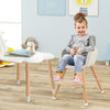 Convertible wooden high chair in gray with detachable tray, designed for safety and comfort for growing babies.