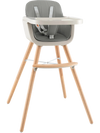 3-in-1 convertible wooden high chair in gray with removable cushion and adjustable tray for baby dining and play.