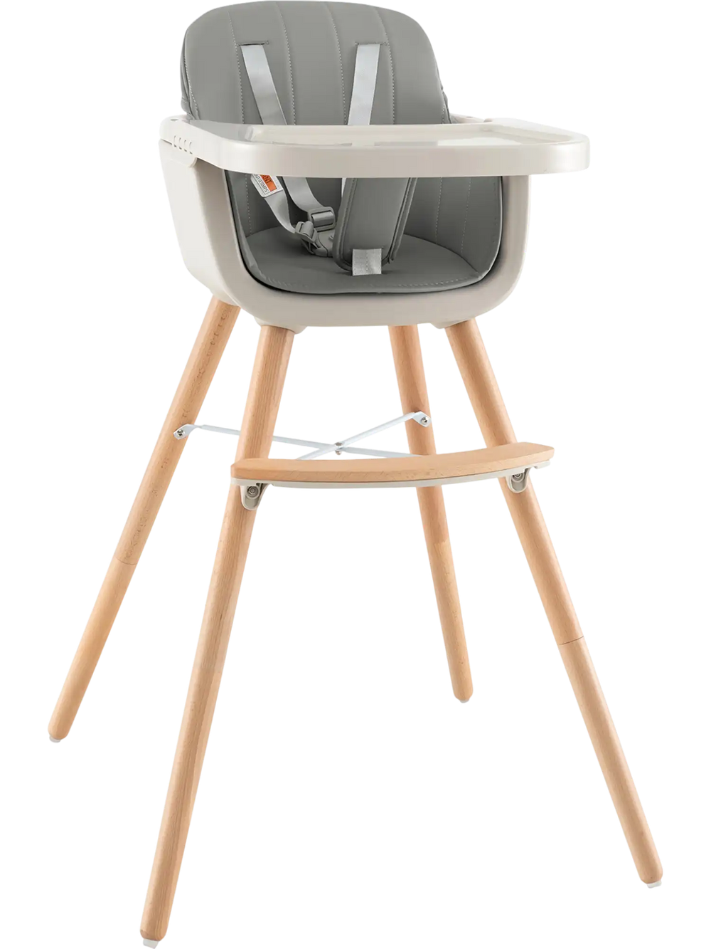 3-in-1 convertible wooden high chair in gray with removable cushion and adjustable tray for baby dining and play.